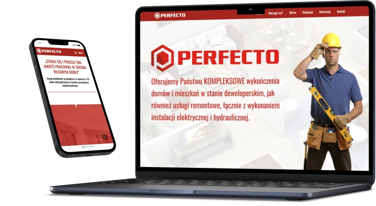 aswebdesign Opis: Strona internetowa Perfecto jest wyświetlana na laptopie w telefonie komórkowym.